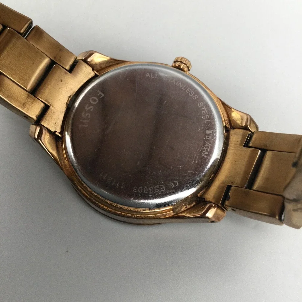 Fossil Watch Womens 38mm Gold Tone Stainless Steel ES3003 Day Date New Battery